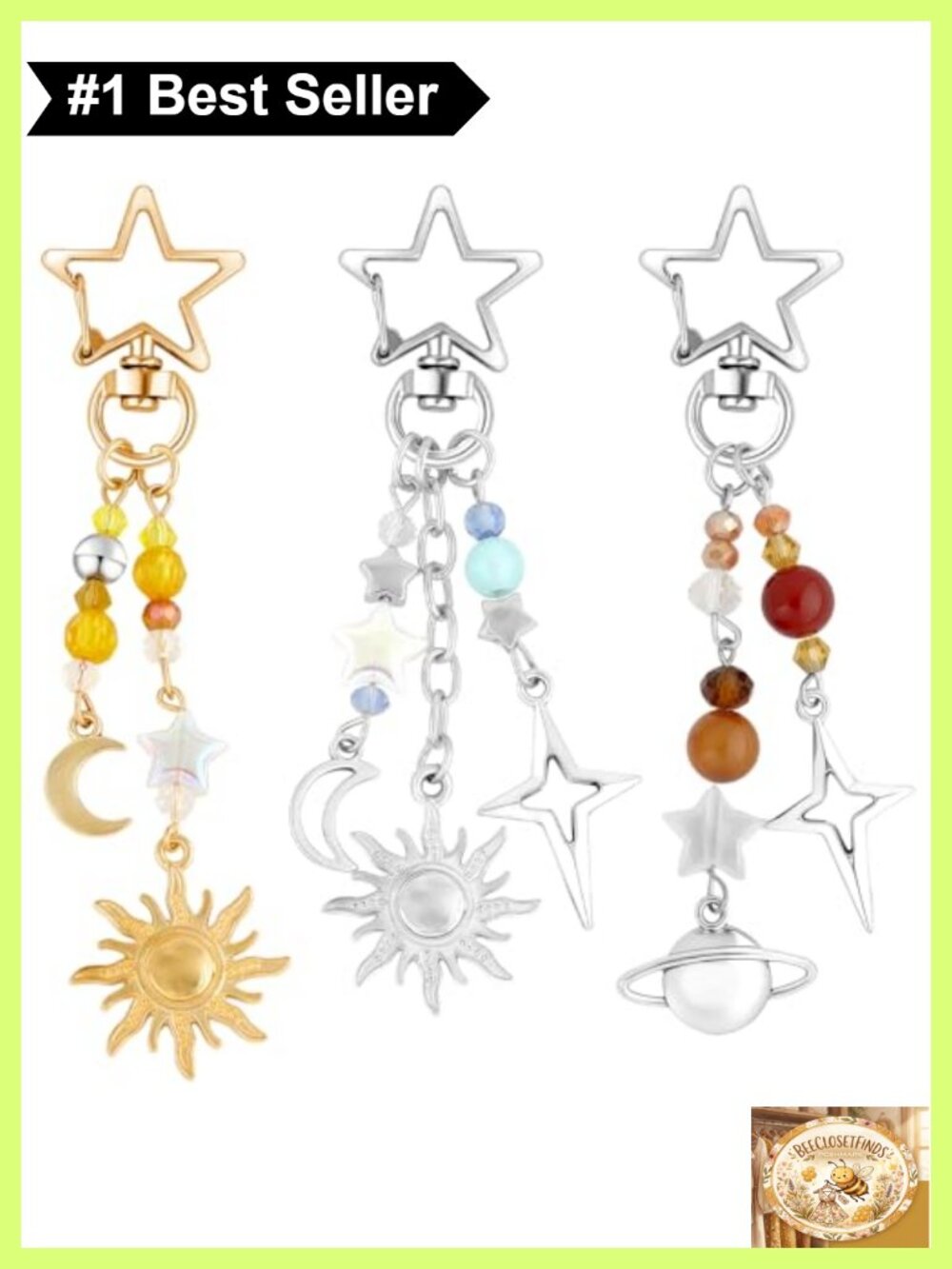 Sun Moon Star Keychain Set Bag Charm Beaded Tassel Keyring